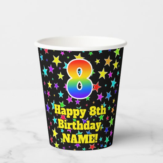 Gobelets En Papier 8e anniversaire : Fun Stars Motif et Rainbow 8 (Recto)