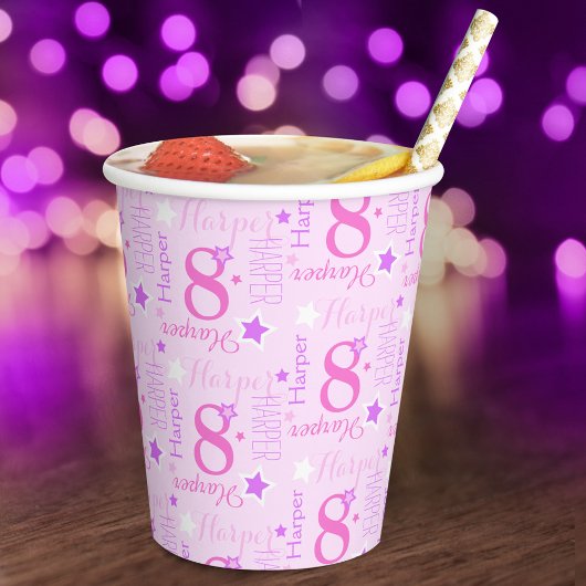 Gobelets En Papier 8e anniversaire star sur mesure rose violet enfant