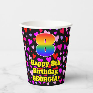 Gobelets En Papier 8th Birthday: Loving Hearts Pattern, Rainbow 8