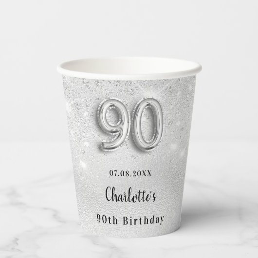 Gobelets En Papier 90e anniversaire argent parties scintillant monogr (Verso)