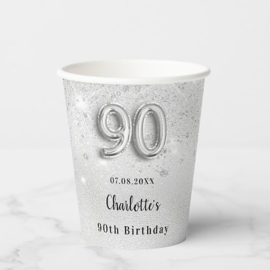Gobelets En Papier 90e anniversaire argent parties scintillant monogr (Recto)