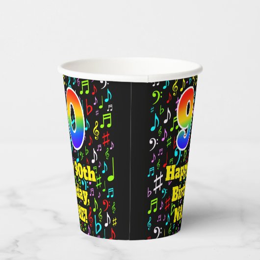 Gobelets En Papier 90e anniversaire : Fun Music Notes Motif, Rainbow (Droite)