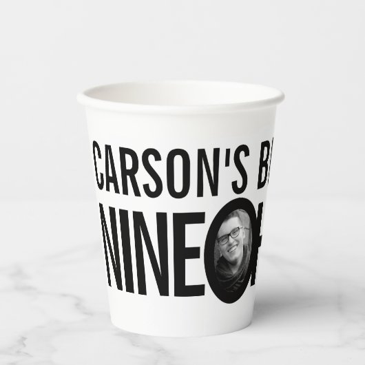 Gobelets En Papier 90e anniversaire neuf oh photo personnalisée noir (Recto)