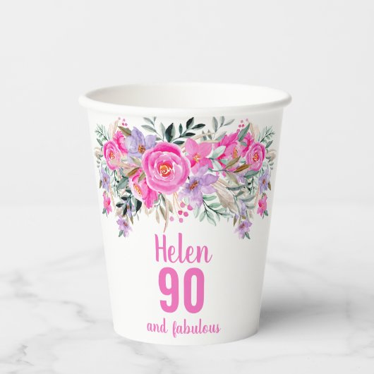 Gobelets En Papier 90e anniversaire rose floral (Recto)