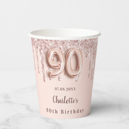 Gobelets En Papier 90e anniversaire rose parties scintillant or goutt (Verso)