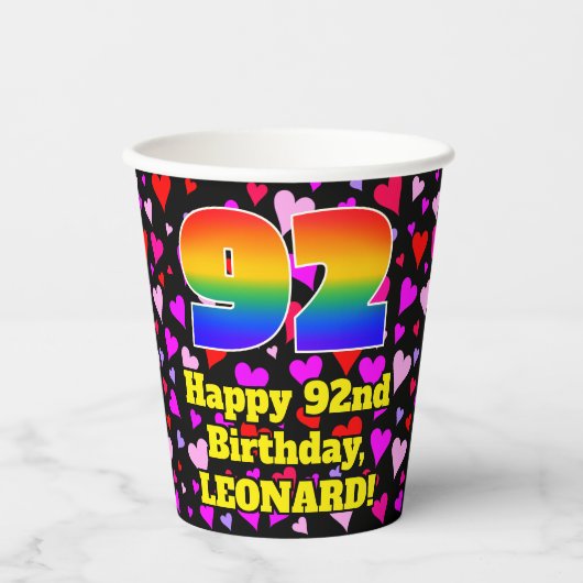 Gobelets En Papier 92e anniversaire : Amour Hearts Motif, Arc en ciel (Recto)