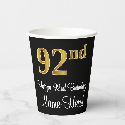 Gobelets En Papier 92e anniversaire - Elégant luxe Faux Gold Look # (Recto)
