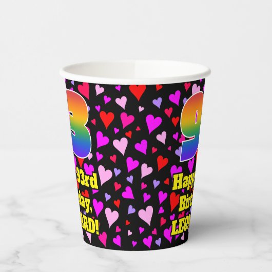 Gobelets En Papier 93e anniversaire : Amour Hearts Motif, Arc-en-ciel (Gauche)