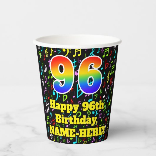 Gobelets En Papier 96e anniversaire : Fun Music Notes Motif, Rainbow (Recto)