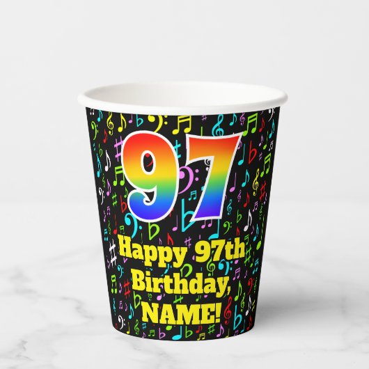 Gobelets En Papier 97e anniversaire : Fun Music Notes Motif, Rainbow  (Recto)