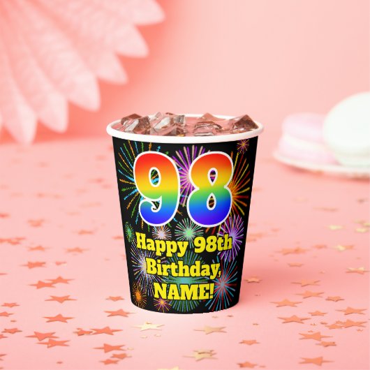 Gobelets En Papier 98e anniversaire : Fun Fireworks Motif + Rainbow 9 (Insitu)