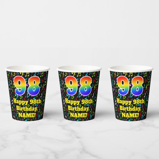 Gobelets En Papier 98e anniversaire : Fun Music Notes Motif, Rainbow  (Multi)