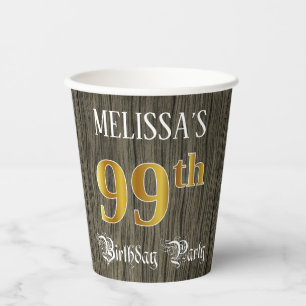 Gobelets En Papier 99e fête d'anniversaire — Faux Gold & Faux Wood Lo