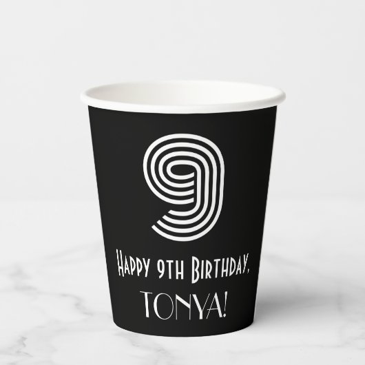 Gobelets En Papier 9e anniversaire — Art Déco Inspiré Look "9" + Nom (Verso)