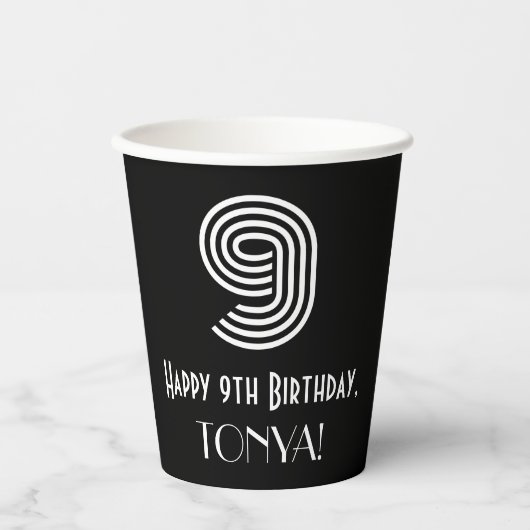 Gobelets En Papier 9e anniversaire — Art Déco Inspiré Look "9" + Nom (Recto)