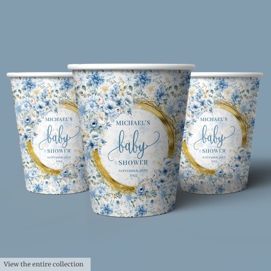 Gobelets En Papier Adorable bleu poussiéreux aquarelle fleurs or garç