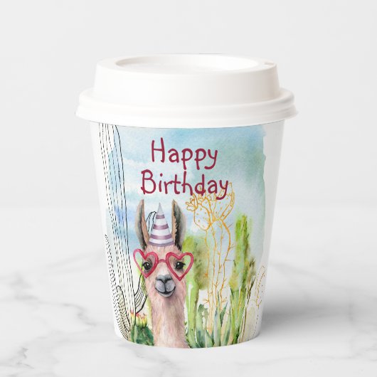 Gobelets En Papier Adorable Llama d'anniversaire (Recto)