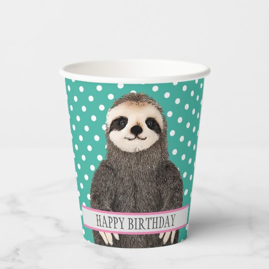 Gobelets En Papier Adorable Sloth Turquoise L'heureux animal d'annive (Verso)