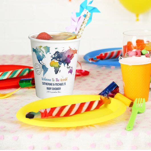 Gobelets En Papier Adventure Await World Map Baby shower de voyage