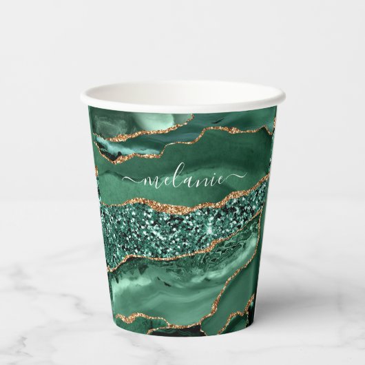Gobelets En Papier Agate Green Gold Parties scintillant Geode Marbre  (Verso)