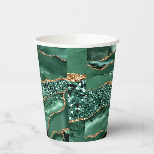 Gobelets En Papier Agate Green Gold Parties scintillant Geode Marbre (Gauche)