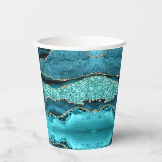 Gobelets En Papier Agate Turquoise Blue Gold Parties scintillant Marb (Recto)