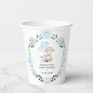 Gobelets En Papier Agneau mignon Mouton Bleu Floral Verdure Wreath