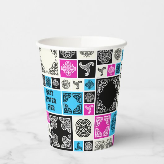 Gobelets En Papier Ajouter Nom & Relation Anniversaire Magenta & Bleu (Gauche)