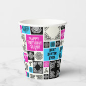 Gobelets En Papier Ajouter Nom & Relation Anniversaire Magenta & Bleu (Recto)