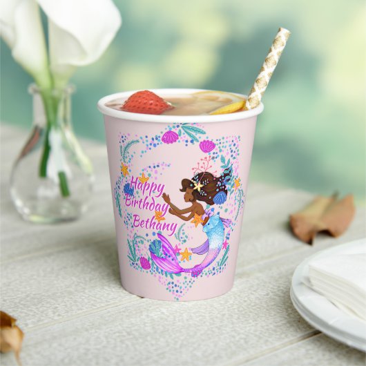 Gobelets En Papier Ajouter un nom Texte Mermaid Pink Mauve Aqua Party (Insitu)