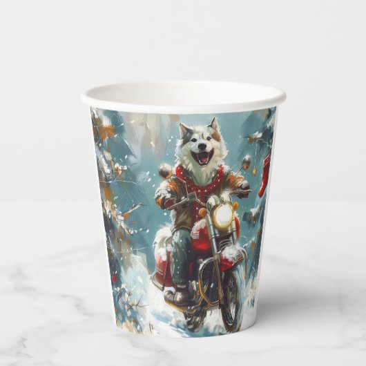 Gobelets En Papier Alaskan Malamute Dog équitation moto Noël (Verso)