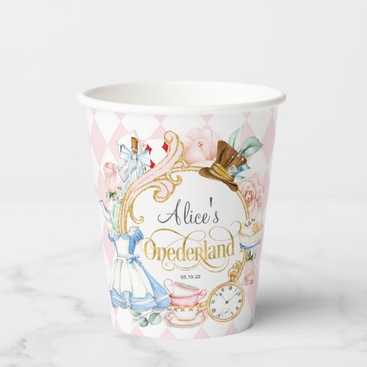 Gobelets En Papier Alice à Onederland, fille 1er anniversaire Coupes (Recto)