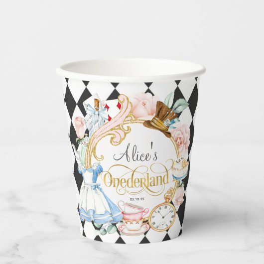 Gobelets En Papier Alice à Onederland, fille 1er anniversaire Coupes (Recto)