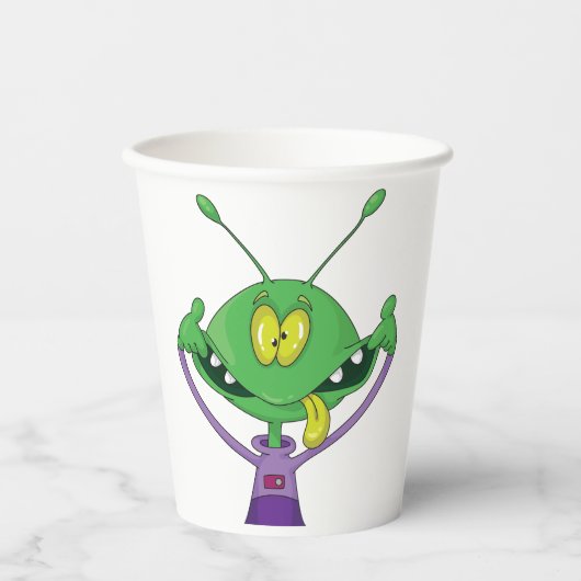 Gobelets En Papier Alien vert drôle faisant une grimace ridicule (Recto)