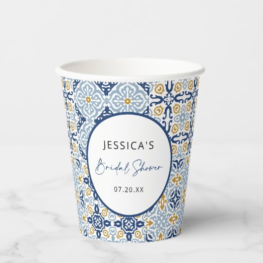 Gobelets En Papier Amalfi Carreau Bleu Jaune Enterrement de Vie de Je (Recto)