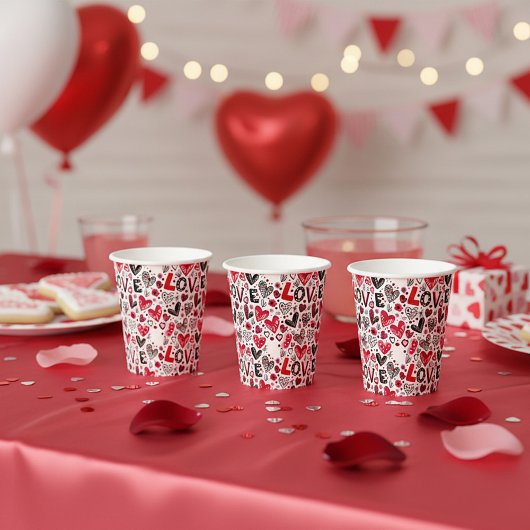 Gobelets En Papier Amour et cœurs doodle art valentin