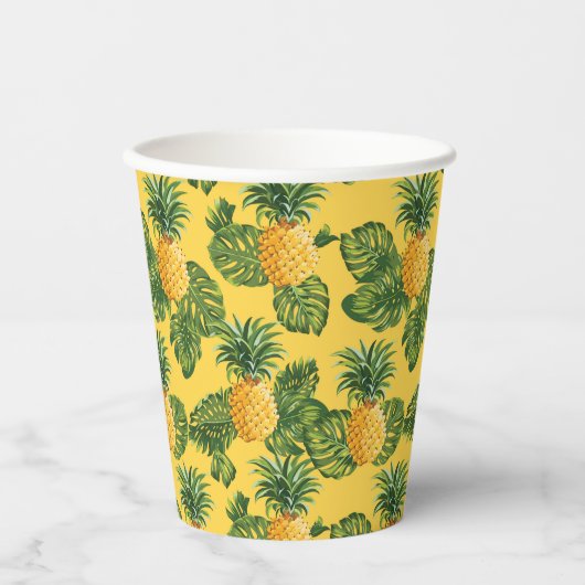 Gobelets En Papier Ananas & Feuilles Tropicaux En Or (Recto)