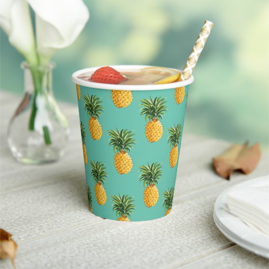 Gobelets En Papier Ananas Tropical Sur Turquoise (Insitu)