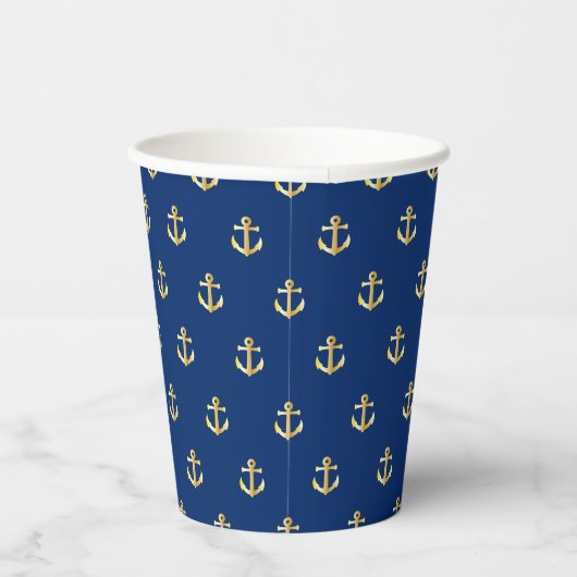 Gobelets En Papier Ancres Nautiques Jaune Chic Or Motif Sur Bleu (Droite)