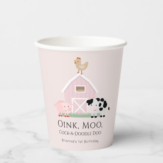 Gobelets En Papier Animaux de ferme Barnyard Girl rose Anniversaire (Recto)