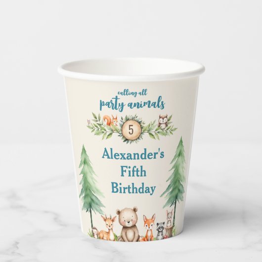 Gobelets En Papier Animaux de la fête des bois Anniversaire Blue Part (Verso)