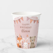 Gobelets En Papier Animaux des bois Anniversaire fête rose (Recto)