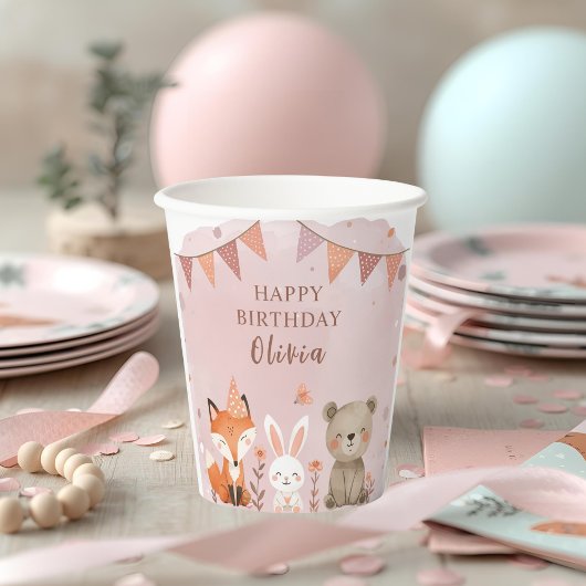 Gobelets En Papier Animaux des bois Anniversaire fête rose