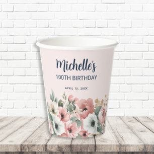 Gobelets En Papier Anniversaire 100 ans Fleurs Aquarelle Rose Blanc