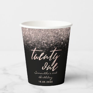 Gobelets En Papier Anniversaire 21 ans fille rose gold et noir paille