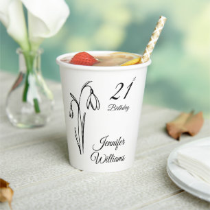 Gobelets En Papier Anniversaire 21 ans Snowdrop Floral Noir Et Blanc