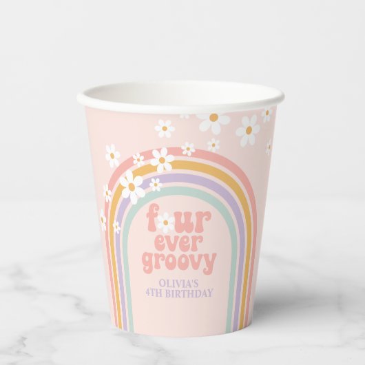 Gobelets En Papier Anniversaire 4 ans Pastel rainbow four ever groovy (Recto)