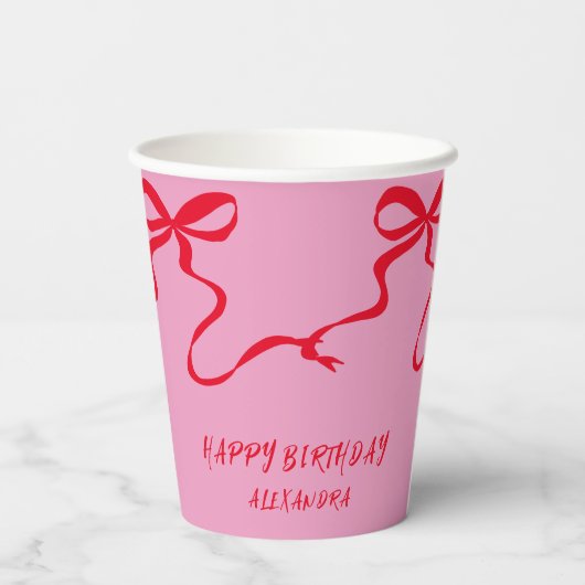 Gobelets En Papier Anniversaire adulte personnalisé Pink Red Bow (Verso)