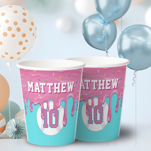 Gobelets En Papier Anniversaire avec dégoulinade de baseball rose