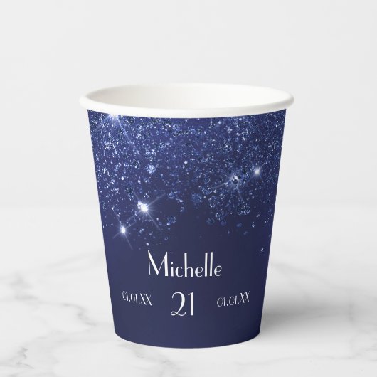 Gobelets En Papier Anniversaire bleu marine nom de parties scintillan (Recto)